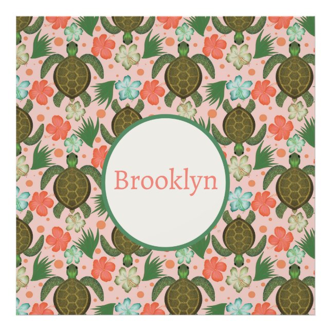 Meeresschildkröten und Hibiskus Rosa Kinderzimmer Fotodruck (Vorne)