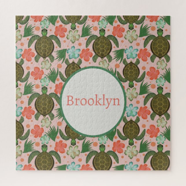 Meeresschildkröten und Hibiskus Rosa Kinderzimmer Puzzle (Vertikal)