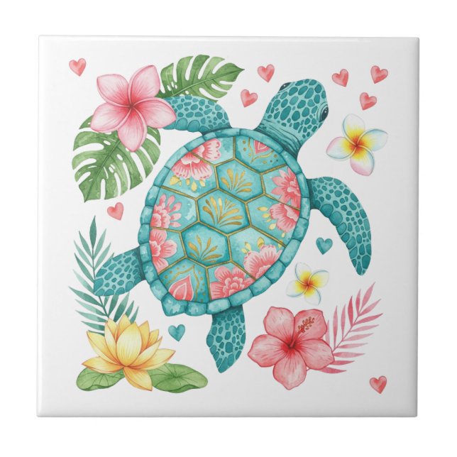 Meeresschildkröten und tropische Blume Fliese (Vorderseite)