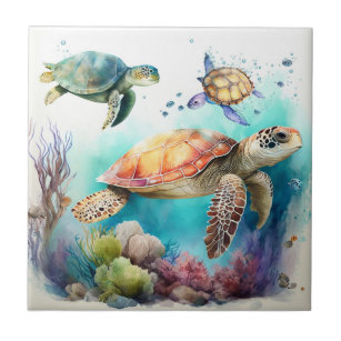 Meeresschildkröten, Wasserfarbe, Korallenriff Kera Fliese
