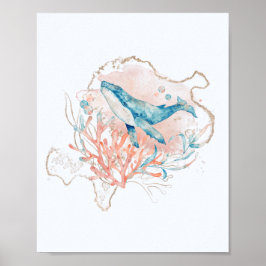 Meeresthema Pink & Blue Wasserfarbe Whale Meer Poster