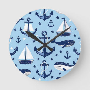 Meerestiere Anker Segelboote Muster Runde Wanduhr