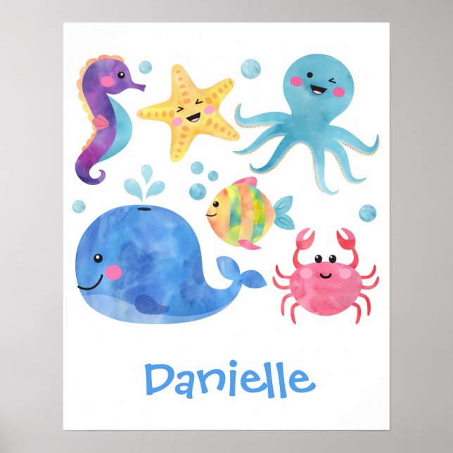 Meerestiere, Aquarelltiere, Fische, Wale Poster (Vorne)