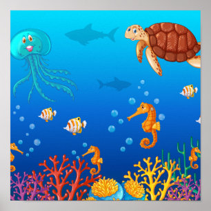Meerestiere, die unter dem Ozean schwimmen Poster