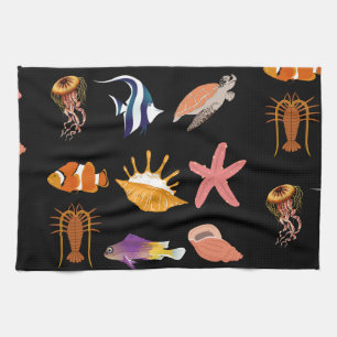 Meerestiere: Fische, Schildkröten, Muscheln, Quall Geschirrtuch