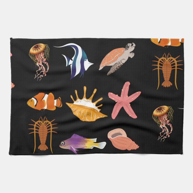 Meerestiere: Fische, Schildkröten, Muscheln, Quall Geschirrtuch (Horizontal)
