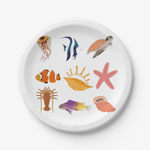 Meerestiere: Fische, Schildkröten, Muscheln, Quall Pappteller