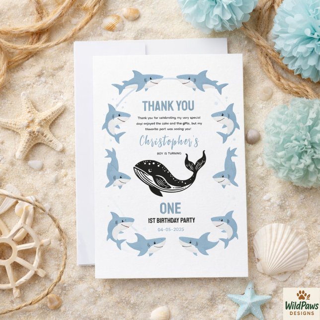 Meerestiere Hai 1. Geburtstag | Unter dem Meer Dankeskarte (Sea Animals Shark 1st Birthday | Under the Sea Thank You Card
)