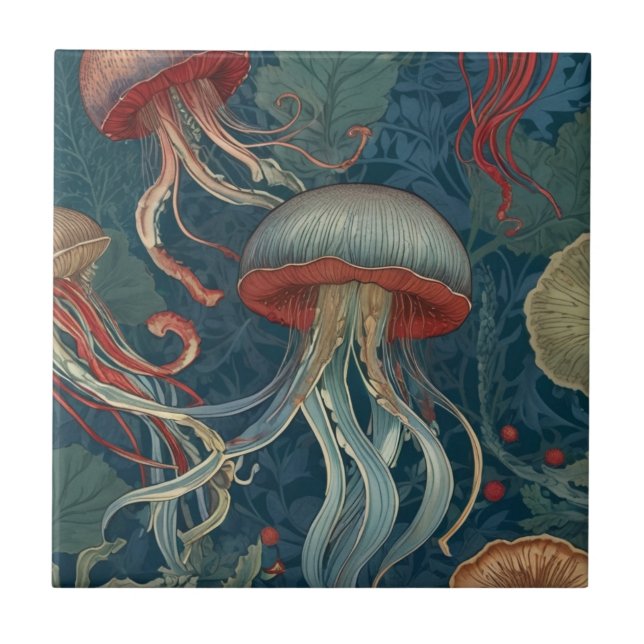 Meerestiere im Stil von Jellyfish William Morris Fliese (Vorderseite)