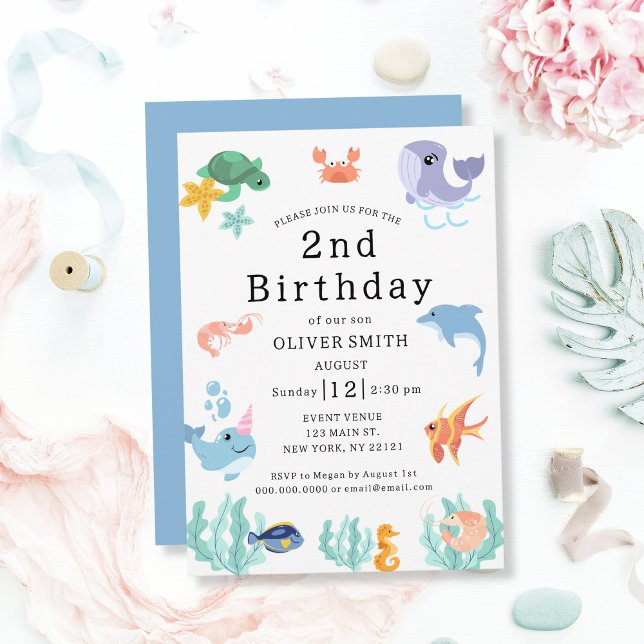 Meerestiere Kinder 2. Geburtstag Party Einladung (Sea Animals Kids 2nd Birthday Party Invitation)