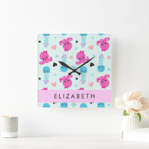 Meerestiere, Kraken, Quallen, Herz, Ihr Name Quadratische Wanduhr