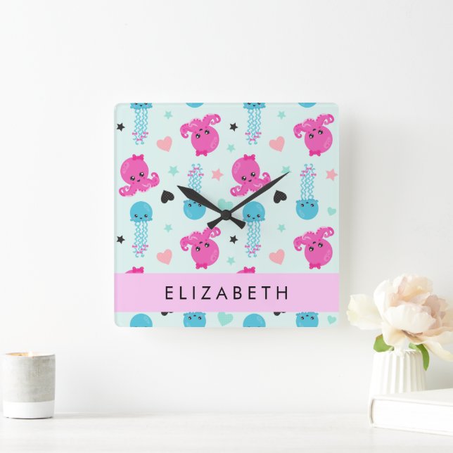 Meerestiere, Kraken, Quallen, Herz, Ihr Name Quadratische Wanduhr (Zuhause)