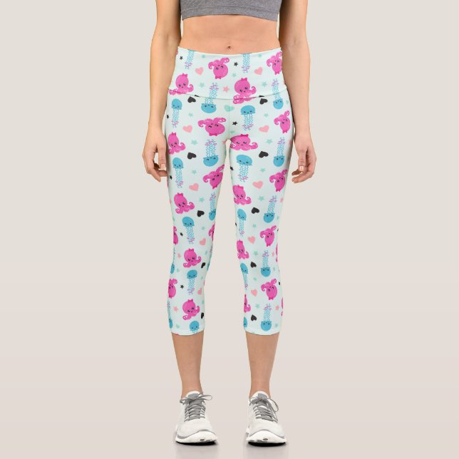 Meerestiere, Meeresleben, Oktopus, Quallen, Herzen Capri Leggings (Vorderseite)
