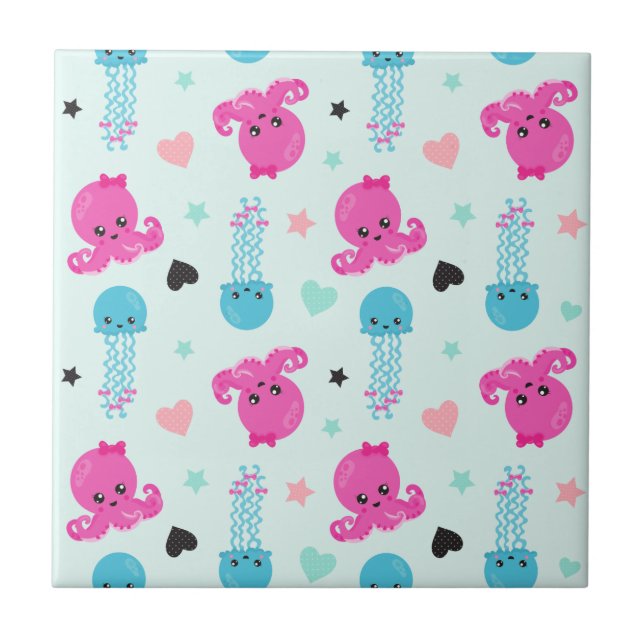 Meerestiere, Meeresleben, Oktopus, Quallen, Herzen Fliese (Vorderseite)