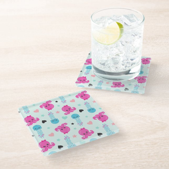 Meerestiere, Meeresleben, Oktopus, Quallen, Herzen Glasuntersetzer (Schrägansicht)