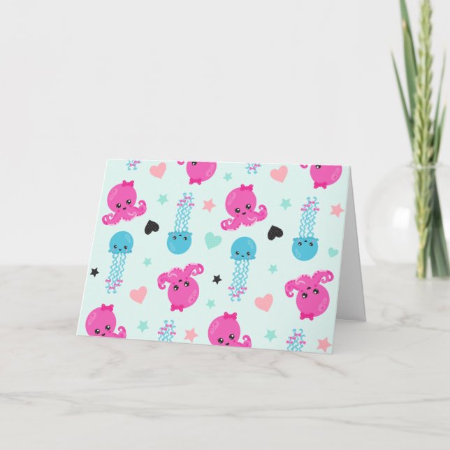 Meerestiere, Meeresleben, Oktopus, Quallen, Herzen Karte (Vorderseite)
