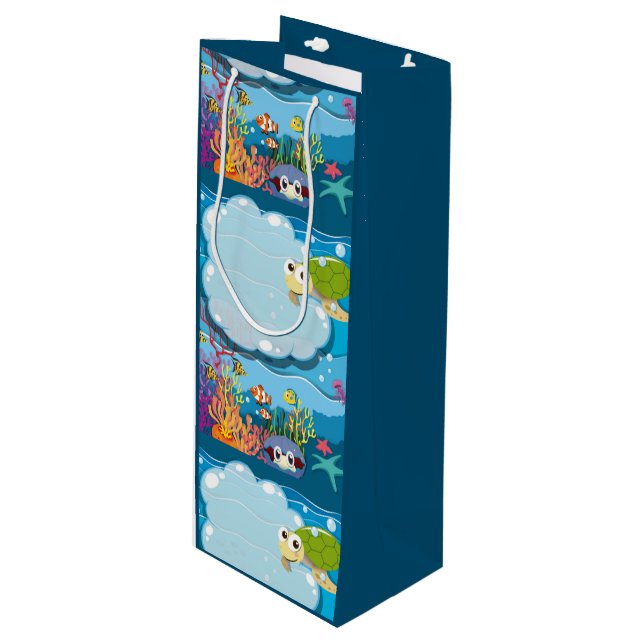 Meerestiere Meeresschildkröten Geschenktüte Für Weinflaschen (Vorderseite Schrägansicht)