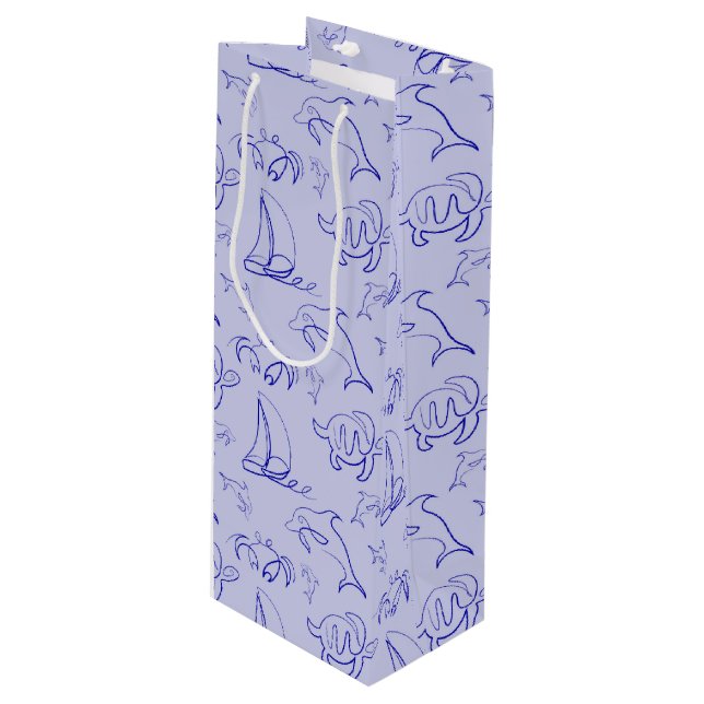 Meerestiere und Segelboote mit einer einzigen zeic Geschenktüte Für Weinflaschen (Vorderseite Schrägansicht)