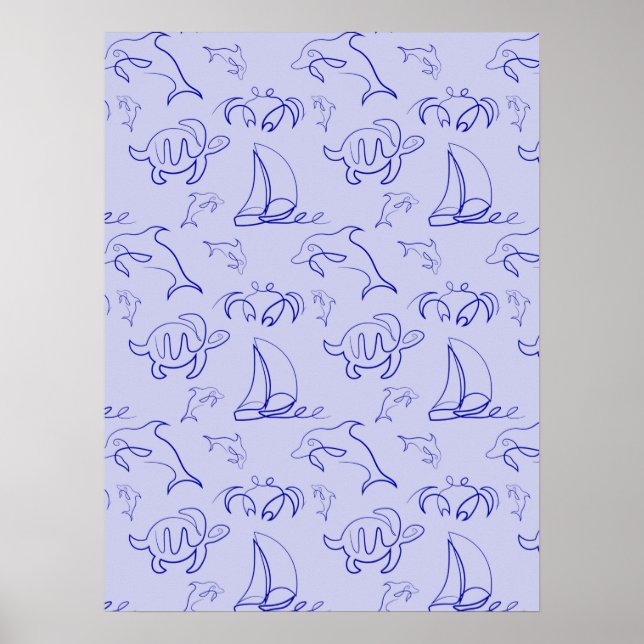 Meerestiere und Segelboote mit einer einzigen zeic Poster (Vorne)