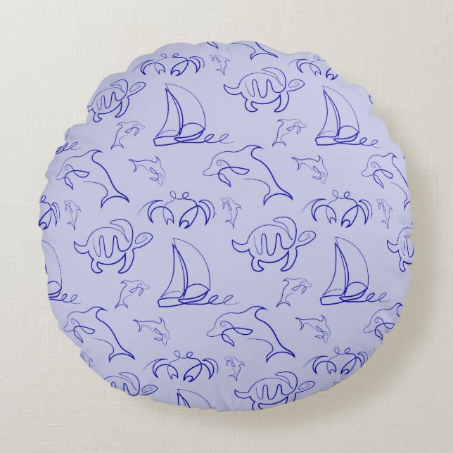 Meerestiere und Segelboote mit einer einzigen zeic Rundes Kissen (Vorderseite)