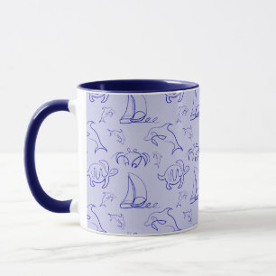 Meerestiere und Segelboote mit einer einzigen zeic Tasse