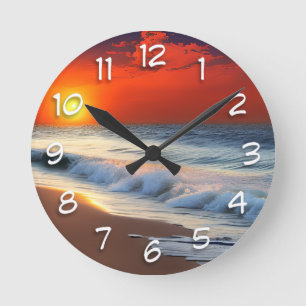 Meereswellen und Sonnenuntergänge auf Sanddusche Runde Wanduhr