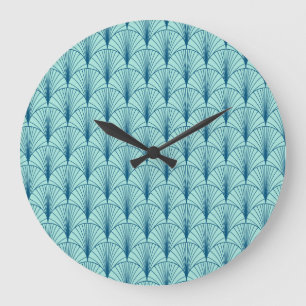 Meergrün geometrisch: Fächer-Muster. Große Wanduhr