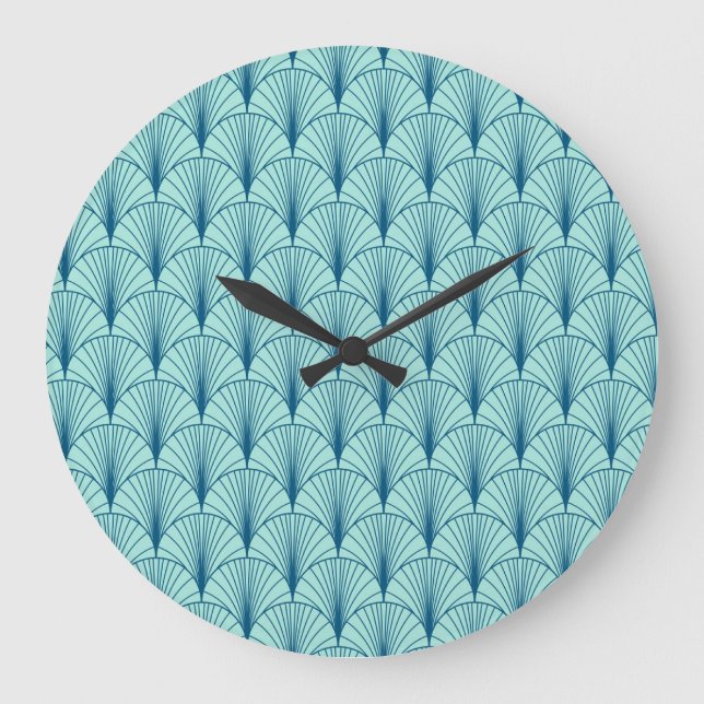 Meergrün geometrisch: Fächer-Muster. Große Wanduhr (Vorderseite)