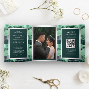 Meergrüner Glitter-Achat-Marmor-QR-Code Hochzeit Dreifach Gefaltete Einladung