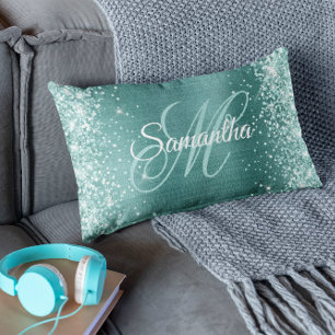 Meergrüner Glitter Aqua Teal Folie Fancy Monogramm Lendenkissen