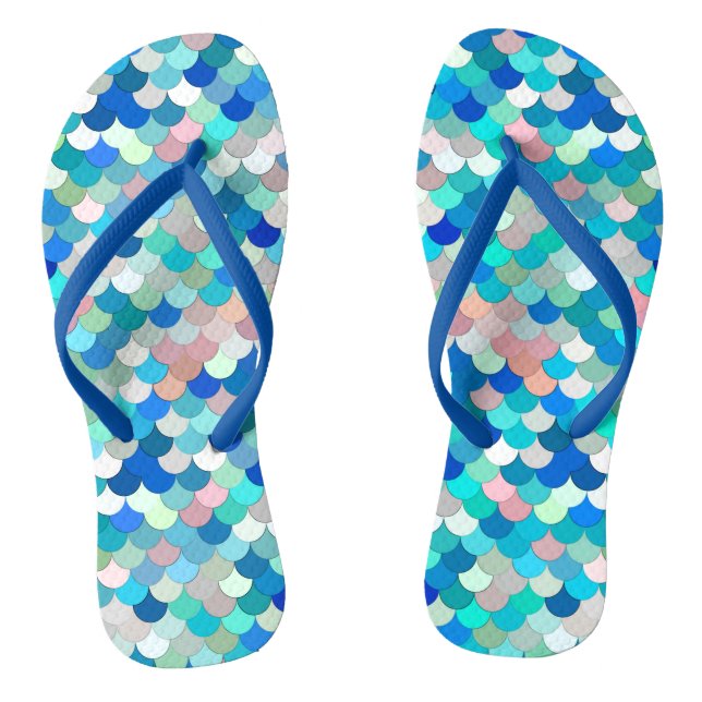 Meerjungenskala, Aqua, Muschel Pink und Cobalt Flip Flops (Fußbett)