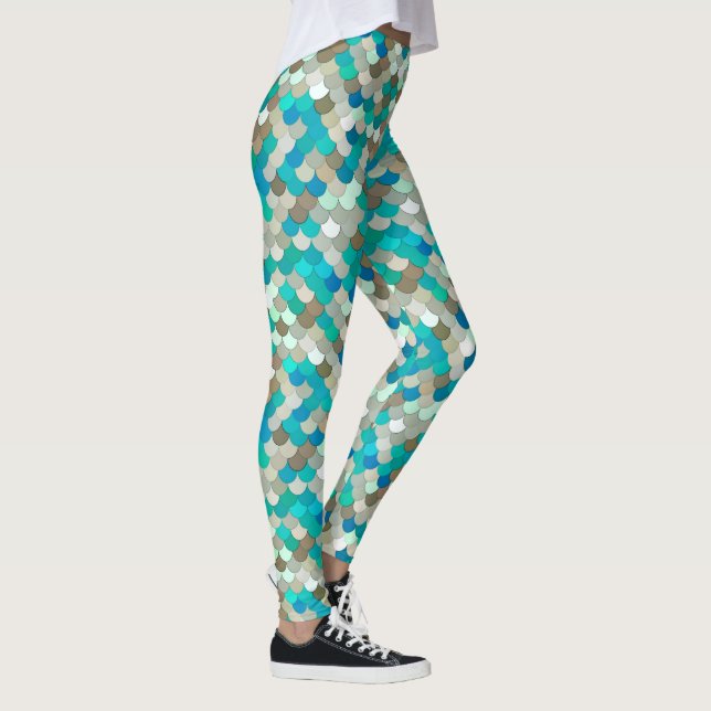 Meerjungenskala, Türkis, Aqua, Taupe & Creme Leggings (Rechts)