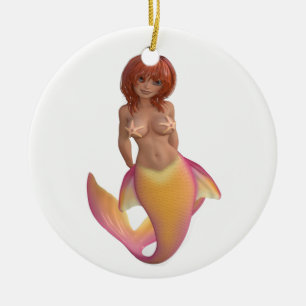 Meerjungfische mit einem gelben und rosa Schwanz Keramik Ornament