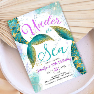 Meerjungfrau 10. Geburtstagskind Pink Aquamarin un Einladung