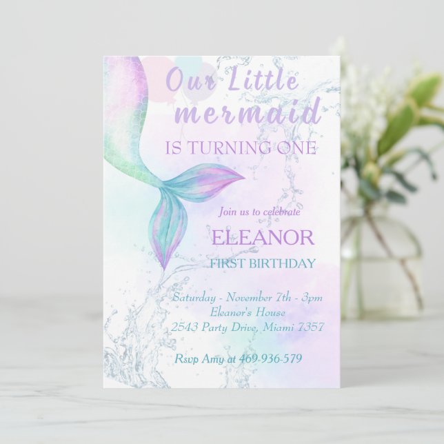 Meerjungfrau 1. Geburtstag im Meerjungfrau-Party Einladung (Stehend Vorderseite)