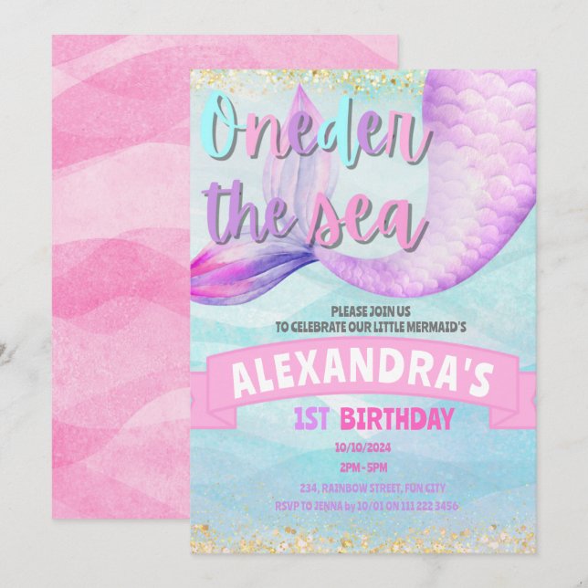 Meerjungfrau 1. Geburtstag Oneder See Einladung (Vorne/Hinten)