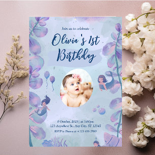 Meerjungfrau 1. Geburtstag Party ONEder Meerjungfr Einladung