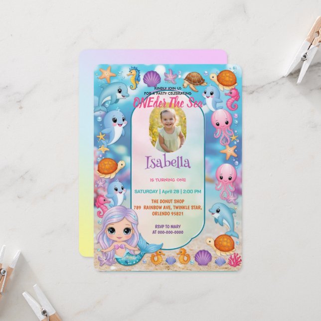 Meerjungfrau 1. Party Foto unter dem Meeresgeburts Einladung (Vorderseite/Rückseite Beispiel)