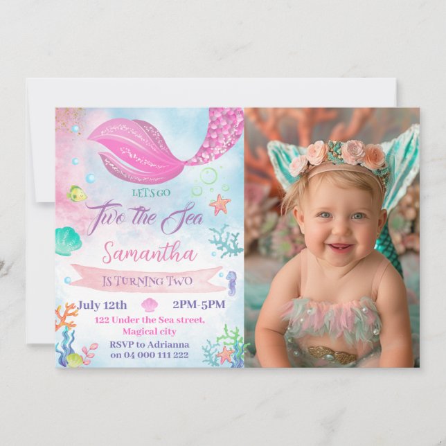 Meerjungfrau 2. Foto Geburtstagskind Einladung (Vorderseite)