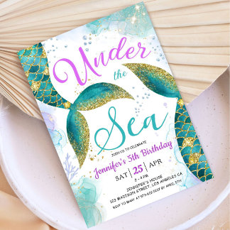 Meerjungfrau 5. Geburtstag Lila Aquamarin Einladung