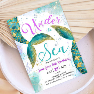 Meerjungfrau 6. Geburtstag Einladung Glitzer unter