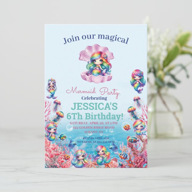 Meerjungfrau 6. Geburtstag unter dem Foto Einladung (Stehend Vorderseite)