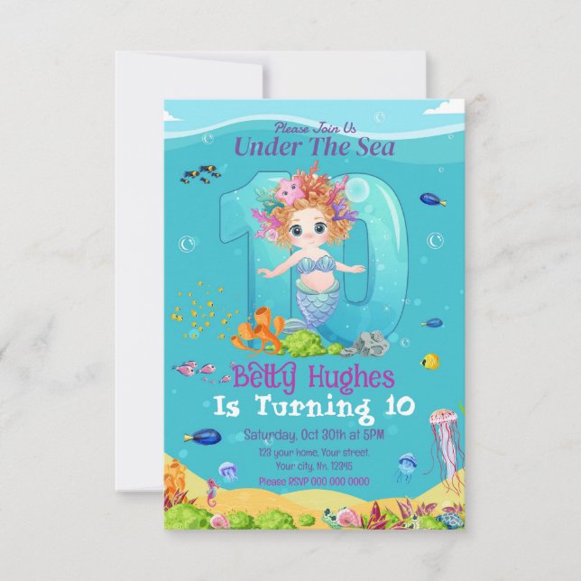 Meerjungfrau am 10. Geburtstag Einladung (Vorderseite)