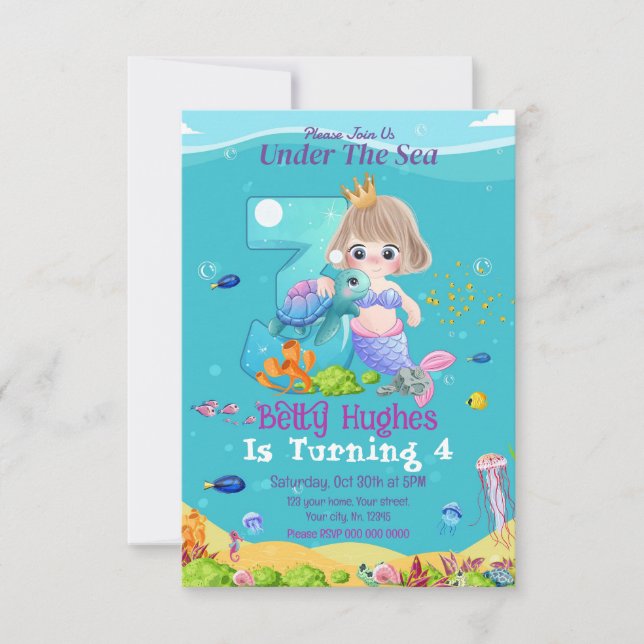 Meerjungfrau am 3. Geburtstag Einladung (Vorderseite)