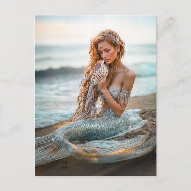 Meerjungfrau am Strand mit Muschel Feiertagspostkarte (Vorderseite)