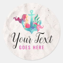 Meerjungfrau auf Anchor Nautical Watercolor Beach  Runder Aufkleber
