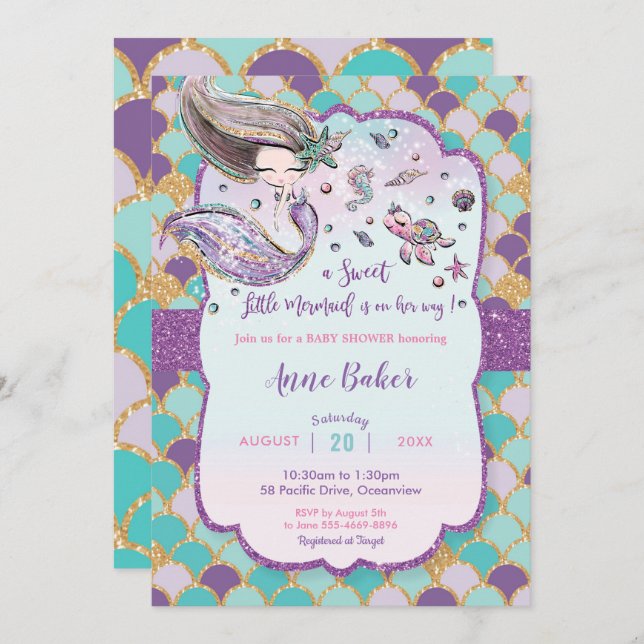 Meerjungfrau-Babydusche unter dem Meeresbewohner-M Einladung (Vorne/Hinten)