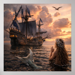 Meerjungfrau betrachtet ein Segelschiff Poster