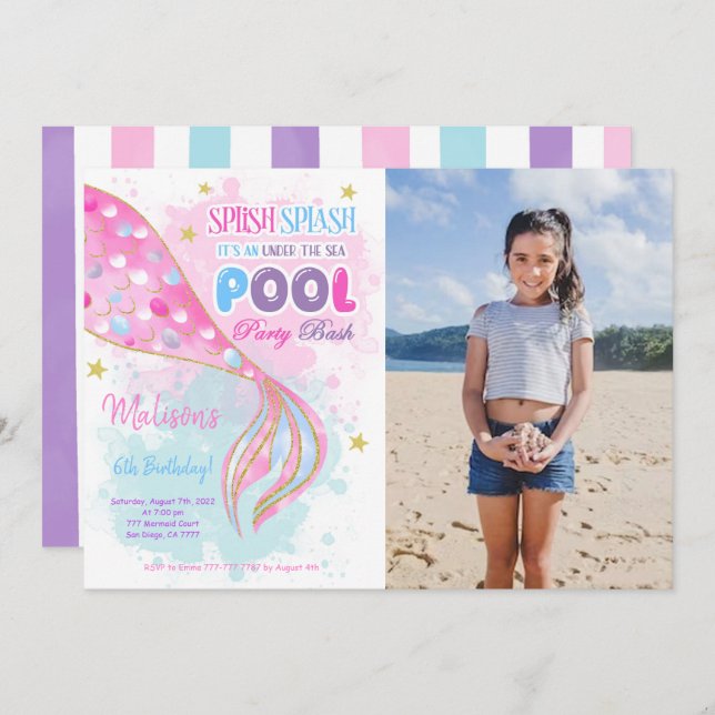 Meerjungfrau & Billardkids Einladung mit Foto (Vorne/Hinten)