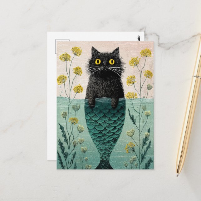 Meerjungfrau Black Kitty Postkarte (Vorderseite/Rückseite Beispiel)